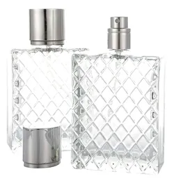 100 ml Travel Portable Square Grids Clear Refillable Bottle Glass Tom parfym Pump Bottle Spray Atomizer Kosmetiska behållare