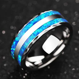 Bröllopsringar 8mm herrar silverblått Opal Inlay Rostfritt stål Ring avfasad EAGE Colorful Abalone Shell Men Bandwedding