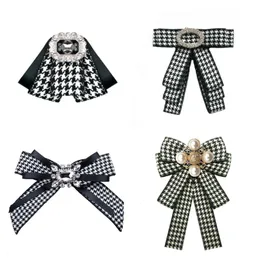 Classic Plaid Black White Fabric Bow Tie For Ladies Pearl Brooch Rhinestone Flower Shirt Collar Pin School Uniform Accessories