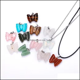 Pendant Necklaces Pendants Jewelry Natural Stone Carved Butterfly Necklace Opal Tigers Eye Quartz Crystal Chakra Reiki Healing For Women D