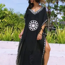 Black Oversize V Neck Moroccan Kaftan Beach Dress Plus Size Women Summer Half Sleeve Side Split Midi Dress Tunica Q643 220510