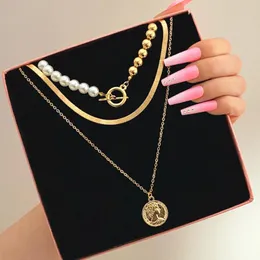 Pendant Necklaces Charm Thick Chain Toggle Clasp Coin Necklace For Women Gold Multilayer Pearl Circle Choker Jewelry GiftsPendant