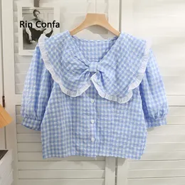 rin confa women Summer Assorted Colors Square Top StyleシングルブレストファッションTシャツThin Thid Thin Short Sleeves Doll Collar to W220422