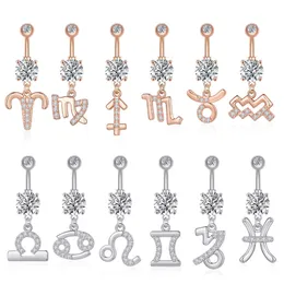 Dangle Twelve Constellations Body Belly Button Rings 14G Zircon Constellation Charm Navel Barbell For Both Men and Momen