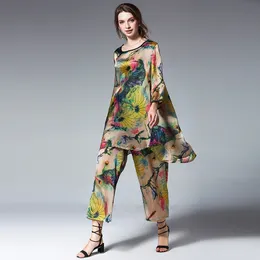 Kvinnor plus storlek Casual Suits Loose Print Silk Lotus Elegant Two Piece Summer Tops and Pants Elastic Midje Crew Neck Suit 220611