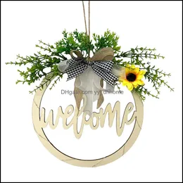Other Home Decor Garden New Wooden Crafts Wreath Door Hanging Decoration Pendant Led Light Hollow Welcome Sign Drop Delivery 2021 5Uayh
