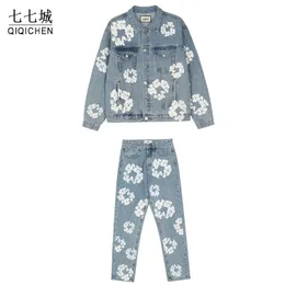 Denim Jacket and Jeans Set Men Flower Graffiti High Street Autumn Street Loose Coat Straight Pant Casual Vintage Washed Suit 220726