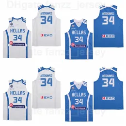 Koszyk Basketball Greece Hellas College Giannis Antetokounmpo Jerseys 34 University Hip Hop oddychający Hiphop Blue White Team Kolor dla fanów sportowych Wysokiej jakości