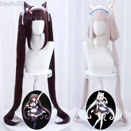 Nekopara czekoladowa peruka cosplay długie horary brązowe wanilia kawaii różowe ciepło odporne na syntetyczne włosy L220802