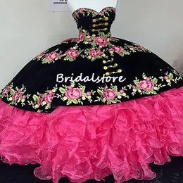 Princess Fushia Quinceanera Dress Charro Floral刺繍ボールガウンメキシコ甘い15ドレスコルセットvestidos de 16Años2022高級プロムドレス誕生日ガウン