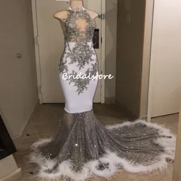 Sparkly Sequin Mermaid Evening Dress 2022 White Halter See Through Neck Black Girls Prom Dresses With Feather Lace Beaded Party African Nigeria Formal Wear Skirt