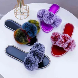 Slippers Women Fur Slides Ball Fashion Color Outdoor Female Casual Flat-bottomed ry Shoes Woman Bling Flip Flops 220530