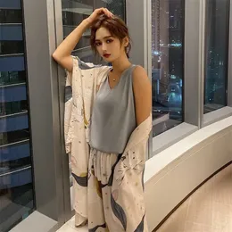 Kvinnor tappar tunn komfort 4st Pyjama Set Starry Sky Sleepwear Ladoes Soft Elegant Slpring Summer Homewar Ladies Soft Casual Wear Y200708