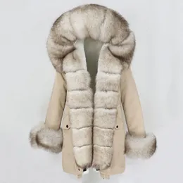 Женская меховая подделка Oftbuy 2023 Модная зимняя куртка Женская настоящая пальто натуральный воротник свободный длинный Parkas Big Overwear Съемный