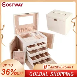 Costway Jewelry Box Organizer Ring Stud Brincos Caixa de armazenamento de jóias com espelho caixa de couro Faux W0227 210330