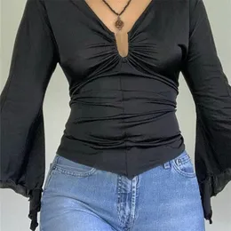 Gitana Vintage Flared Sleeve Tシャツ女性vネックスリムクロップトップカワイイティーシャツ