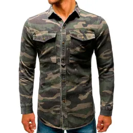 Casual Homens Denim Camisa de Manga Longa Camuflagem Impressão Retro Slim Fit Calças de Jeans Blusa com Bolso Homem Vestido Camisas Fashion Street Tops Masculinos