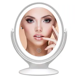 LED travel make up mirror with light for makeup round cosmetic magnifying handheld portable vanity mirror white aesfee double sides 1x/7x magnification