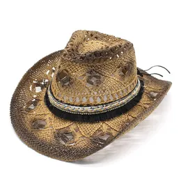 Retro donna da donna estate sole paglia da sole cowboy western cowgirl cappello scava fuori beach wide brim bagnino cappelli
