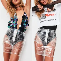 スカートファッションボディコン透明ハイウエストミニスカート女性 PVC 防水プラスチックバックルフロントジッパークリアペンシルショート