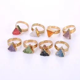 Colorful Natural Crystal Druzy Stone Adjustable Band Rings For Women Girl Party Club Gold Plated Jewelry Accessories