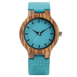 Zegarek elegancki damski kreatywny niebieski ręcznie wykonany kwarc drewniany zegarek oryginalny skórzany pasek zegarków prosta moda drewniana zegarek na rękę kobietę