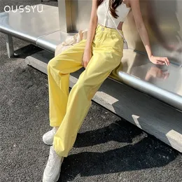 Womens Jeans Streetwear Straight Solid Color High Waist Trouser Baggy Fashion Girl Student Korean Yellow Wide Leg Denim Pants 220701