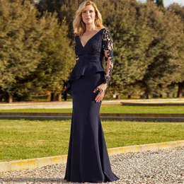 Navy Blue Sheath Mother's Dresses With Long Sleeve Satin Wedding Guest Gown V-Neck Lace Button Back Formal Evening Dress 326 326