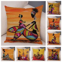 Kissen/Dekoratives Kissen, afrikanische Frau, weicher Plüsch-Kissenbezug für Sofa, Heimdekoration, orange abstrakte Malerei, Afrika Life Collection Pi