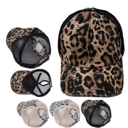 Leopard Print Baseball Cap Ponycap Niechlujne kucyk Bun Regulowane siatki ciężarówki baseballowe kapelusz XDJ227