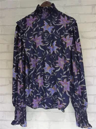 Camicette da donna Camicette da donna Camicetta in viscosa con stampa floreale viola Elastico con volant Collo alto Spalla larga Maniche lunghe Polsini smock