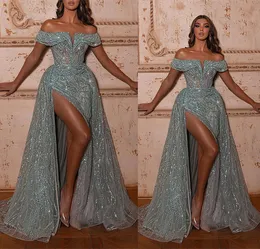Niebieskie sukienki balowe księżniczki koronkowe aplikacje cekiny z rękawów na ramię v szyję bez ramiączki długość podłogi wysoka boczna imprezowa sukienki na niestandardowe rozmiary
