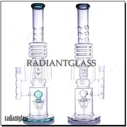 Två Chambers Glass Bong Straight Type Hookah Mechanical Claw Percolating Big Bongs med 19mm skål IC Catcher Pinches