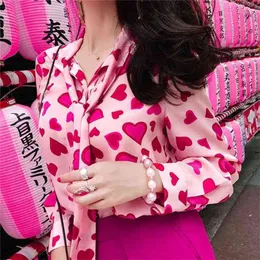 Paris Girl Vintage Heart Print Long Sleeve Chiffon Blus Sweet Women Shirt Tie Autumn Fashion Tops Chemise Camisa 210401