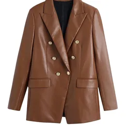 Trafo kadın moda düğmeli sahte deri blazer ceket vintage uzun kollu kapak cepleri kadın veste femme 220812