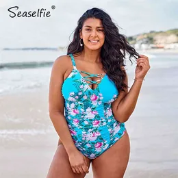 Seaselfie Plus 사이즈 섹시한 파란색 꽃 수영복 여성 대형 모노 키니 수영복 해변 수영복 210407