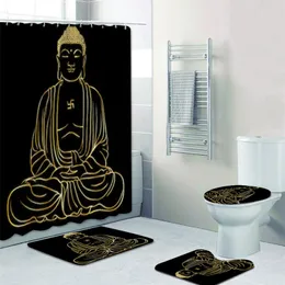 Czarna złota linia sztuki Statua Buddyzm Religijna kąpiel prysznic prysznicowa Wodoodporna poliestrowa zasłona i dywan 220809