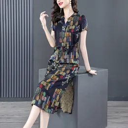 8810# YM Ladies New Summer Loose Dresses V-neck Short sleeve Printing Women Fashion Rayon Side-slit Dress With Pockets M-XXXL