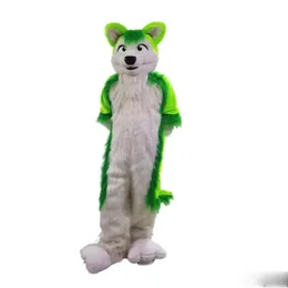 Högkvalitativ Hot Green Wolf Husky Dog Mascot Kostym Cartoon Real Photo