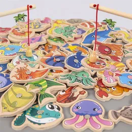 خشبية مغناطيسية FSHING GAME Cartoon Marine Life Cognition Toys Fish Rod Toys for Children Exparational Educational Parentchild Interactive 220621