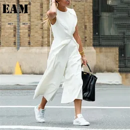 Eam luźne dopasowanie splicowane białe temperament Kobiety kombinezon Nowe ścieżki do sznurka wysokiej talii moda