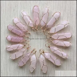 Arts And Crafts Healing Natural Pink Rose Quartz Stone Crystal Handmade Charms Gold Iron Wire Pillar Shape Pendants For Jew Sports2010 Dhk3O