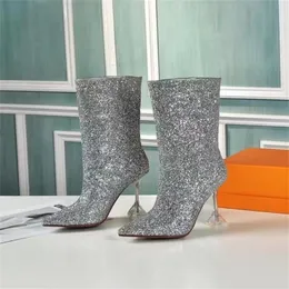 Fashion Thin High Heel Women Designer Boots Amina Muaddi Pointed-toe Boots Martin Desert Boot Sequins Medal Coarse Non-Slip Winter Shoes Size US4-11 NO387