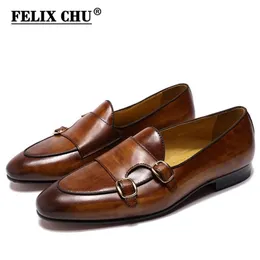 FELIX CHU Genuine Leather Mens Loafers Handmade Monk Strap Wedding Party Casual Dress Shoes Summer Autumn Footwear for Men 220727