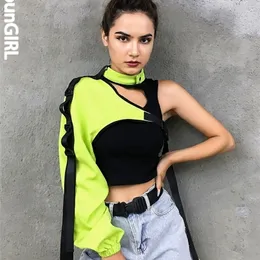 Heyoungirl neon verde um ombro fora da halter top harajuku preto reflexivo tshirt mulheres hip hop wear tshirt femme 220408