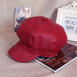 HT1368 Flat läder basker Caps Män kvinnor Vintage Artist målare åttonal tidning Säljare Caps Solid Autumn Winter Hats Black Red Grey J220722