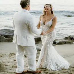 Böhmisches Spitzen-Meerjungfrau-Hochzeitskleid 2022 Sexy Plus Size Braut Strandhochzeitskleider Bodenlange Applikationen Perlen Zurück Vestidos De Novia Elegante formelle Robe Mariage