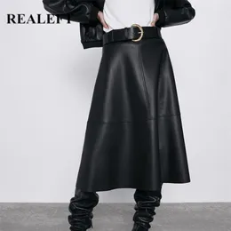 REALEFT Autumn Winter PU-leather mi-long Skirt with Belt High Waist Vintage A-line Chic Mid-calf Umbrella s 220317