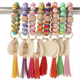 Bead Wood Armband Smycken Leopard Korn Tassel Färgglada Hand Beaded Armband Bangle Rainbow Fringe Armband Key Ring Keychains Pendant Bag Tillbehör