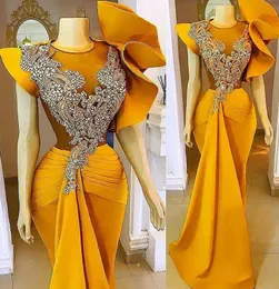 2022 New Plus Size Arabic Aso Ebi Yellow Mermaid Stylish Prom Dresses Lace Beaded Crystals Evening Formal Party Second Reception Bridesmaid Gowns Dress C0622